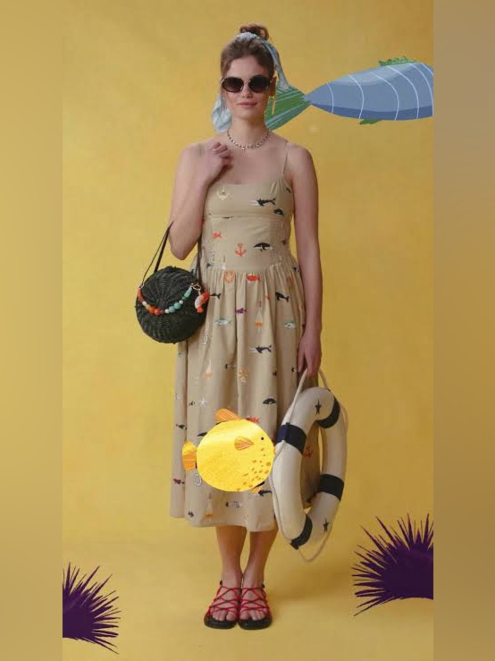 Anthropologie Maeve Cotton Embroidered Nautical Fish Sailor Dress, Tan, S
